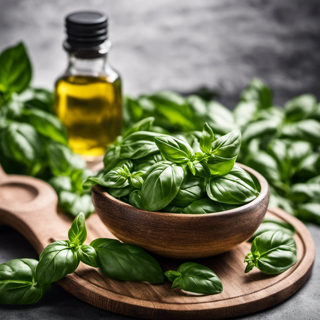 An image showcasing two teaspoons of vibrant, aromatic fresh basil leaves gracefully transforming into a concentrated pile of dry basil, perfectly encapsulating the conversion from fresh to dry