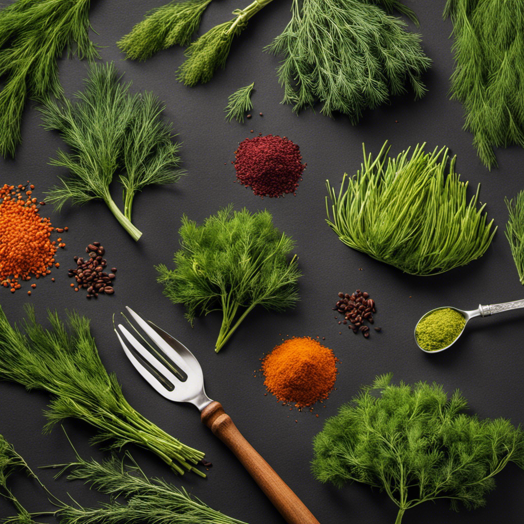 An image showcasing two teaspoons of fresh dill perfectly measured, juxtaposed with a pile of dried dill, illustrating the conversion from fresh to dried while emphasizing the contrasting textures and vibrant colors