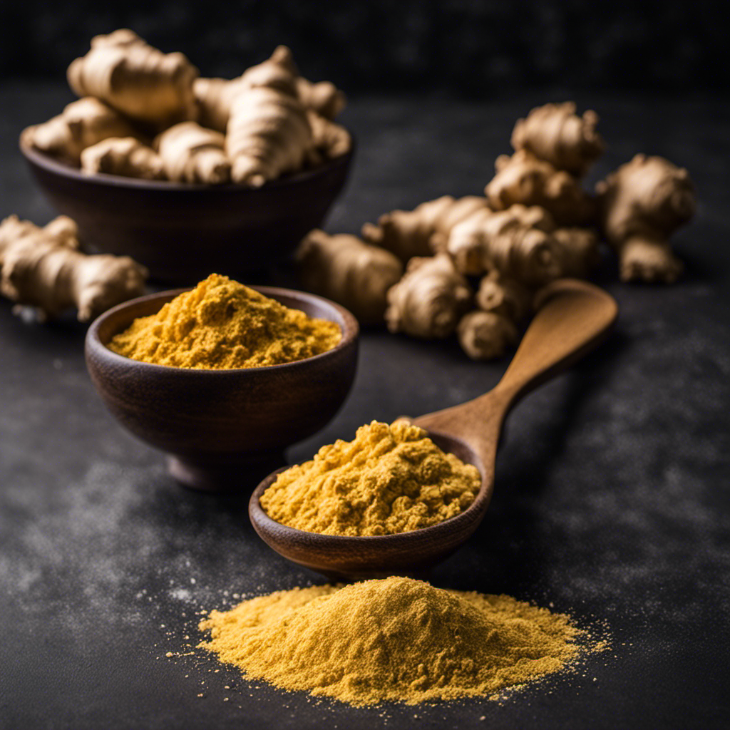 An image showcasing two teaspoons of freshly grated ginger next to a small pile of powdered ginger, artfully arranged on a kitchen countertop