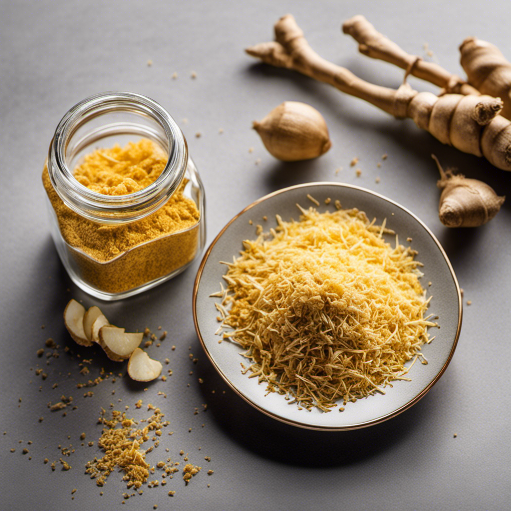 An image showcasing two delicate porcelain teaspoons of freshly grated ginger alongside a small glass jar filled with an equivalent amount of fine, golden powdered ginger