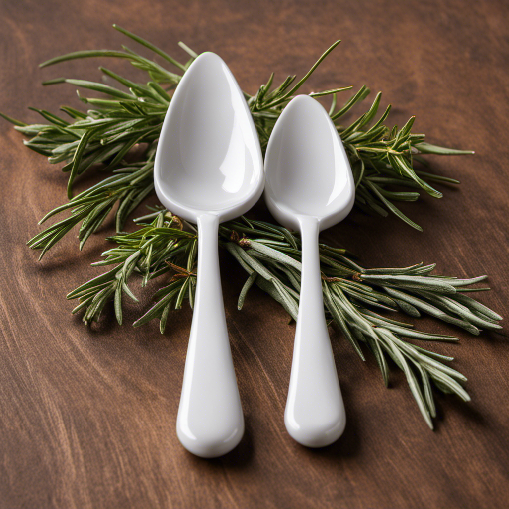An image showcasing two elegant porcelain teaspoons, one brimming with fragrant, freshly snipped rosemary sprigs, while the other holds a delicate mound of vibrant, crumbled dried rosemary