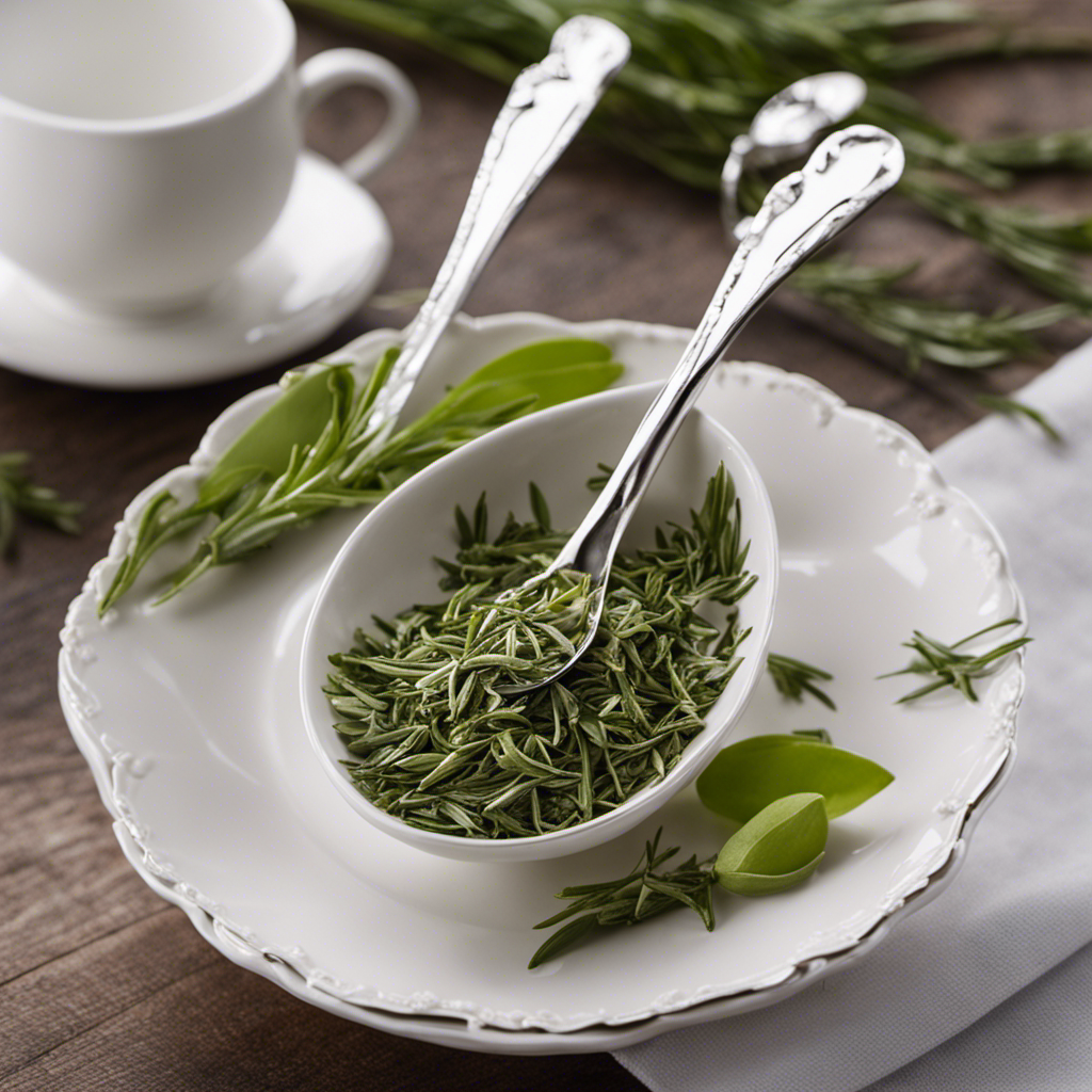 An image showcasing two elegant porcelain tea spoons, one filled with vibrant, freshly picked tarragon leaves, while the other holds a precise amount of dried tarragon, illustrating the equivalent measurements of 2 teaspoons