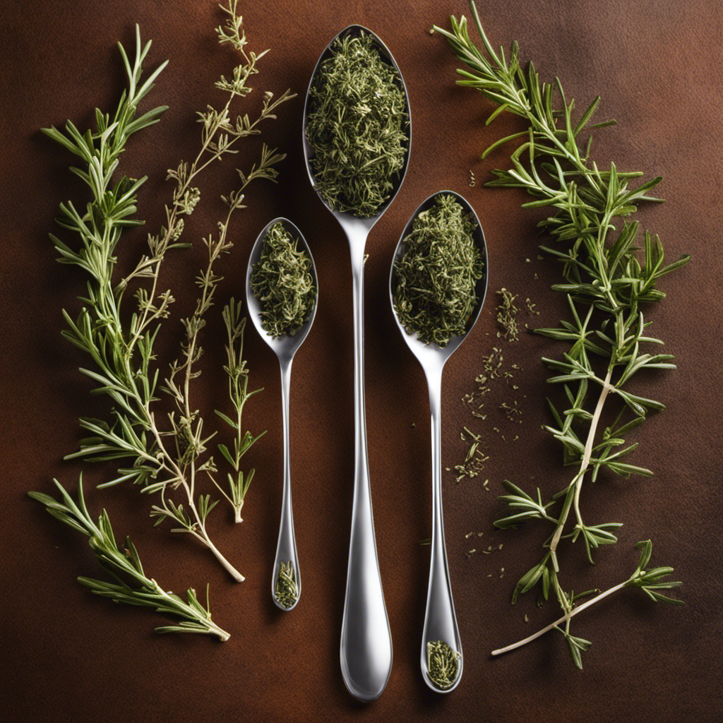 An image showcasing two identical spoons side by side, one filled with vibrant fresh thyme leaves, while the other contains an equal amount of dried thyme, highlighting the conversion from fresh to dried