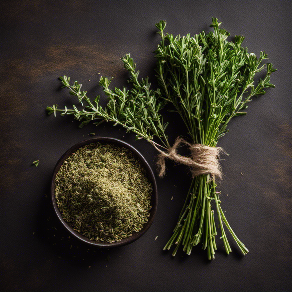 An image showcasing two delicate sprigs of vibrant, green thyme alongside a small, neatly measured heap of dried thyme