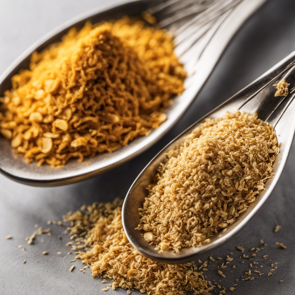 An image of two identical measuring spoons side by side, one filled with fine, golden ground ginger and the other with freshly grated ginger, showcasing the equivalent volume and texture