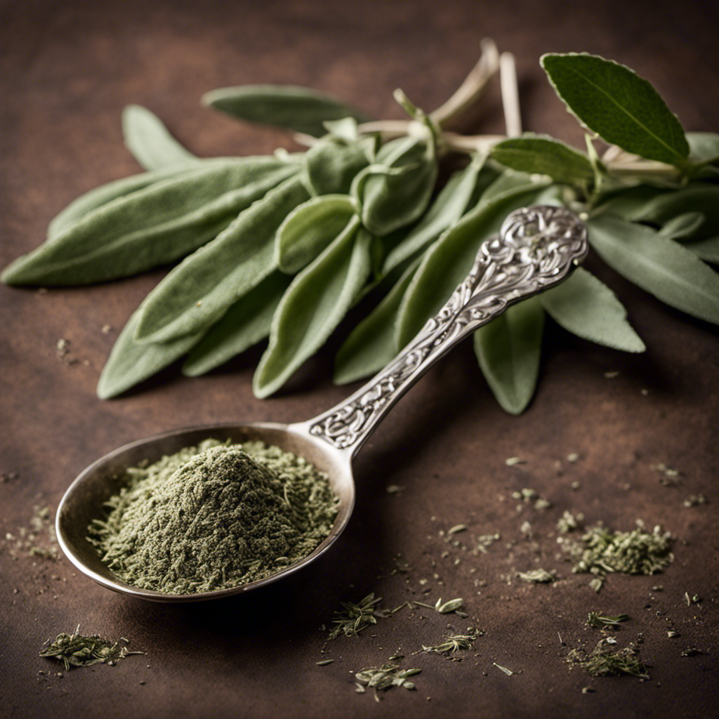 An image showcasing two identical teaspoons: one filled with finely ground sage, the other with fresh sage leaves