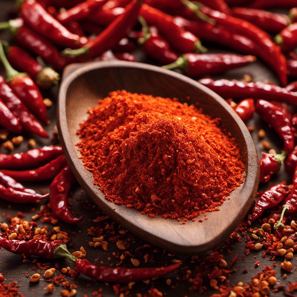 An image capturing the fiery essence of 2 teaspoons of cayenne pepper delicately balanced against a vibrant explosion of red pepper flakes, showcasing the perfect ratio between the two