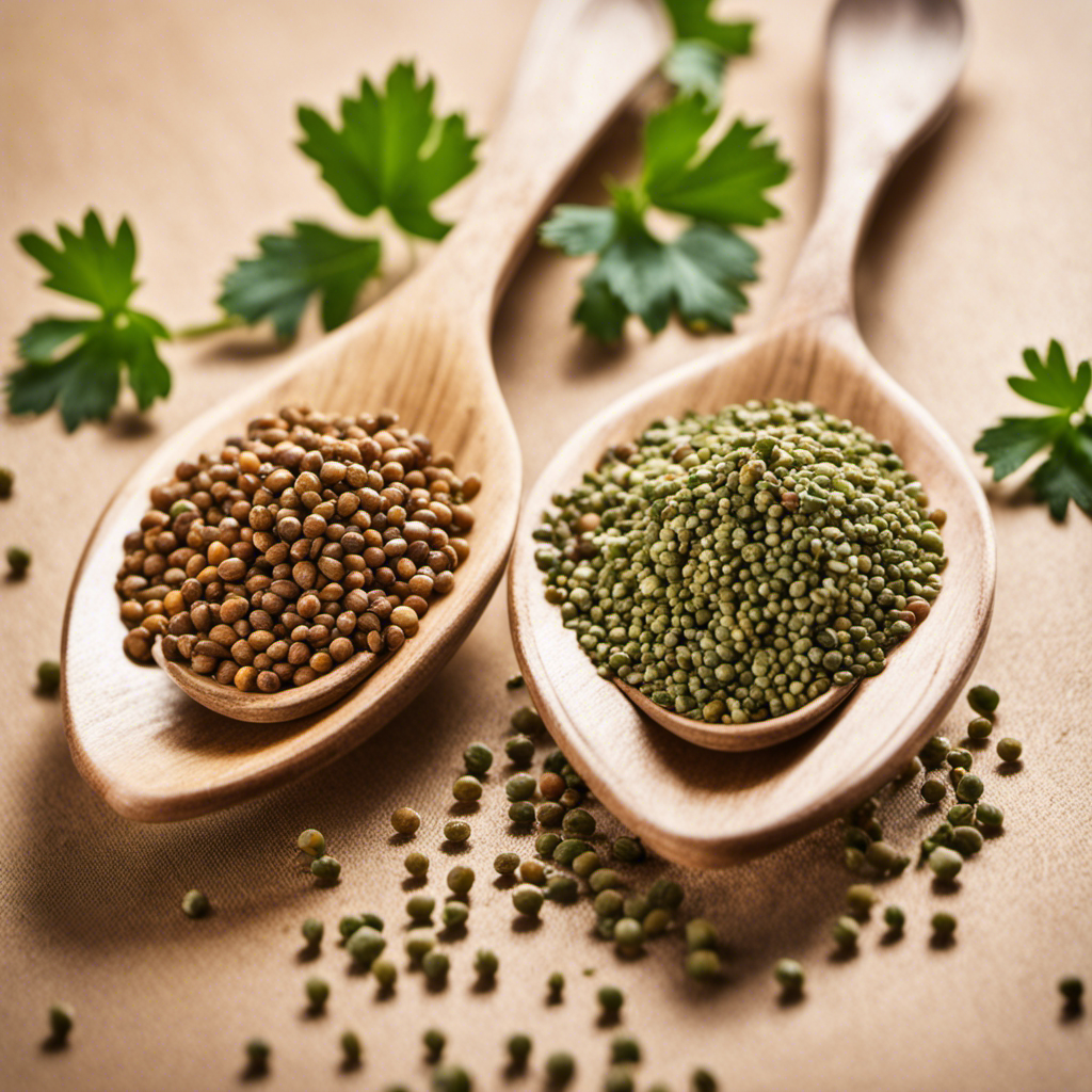 An image showcasing two small spoons filled with coriander seeds on one side, and an identical spoon filled with finely ground coriander on the other