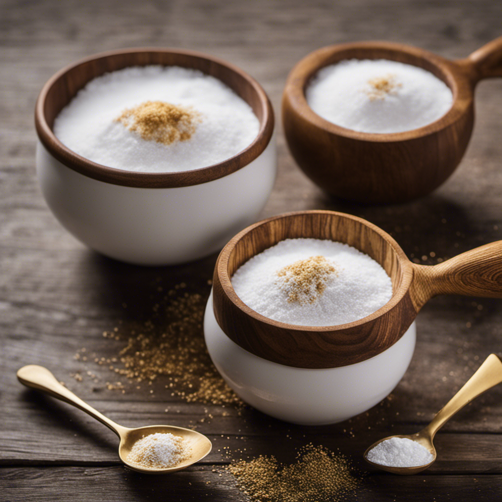 An image of two delicate porcelain teaspoons gently pouring a fine, snowy white powder into a rustic, wooden measuring cup