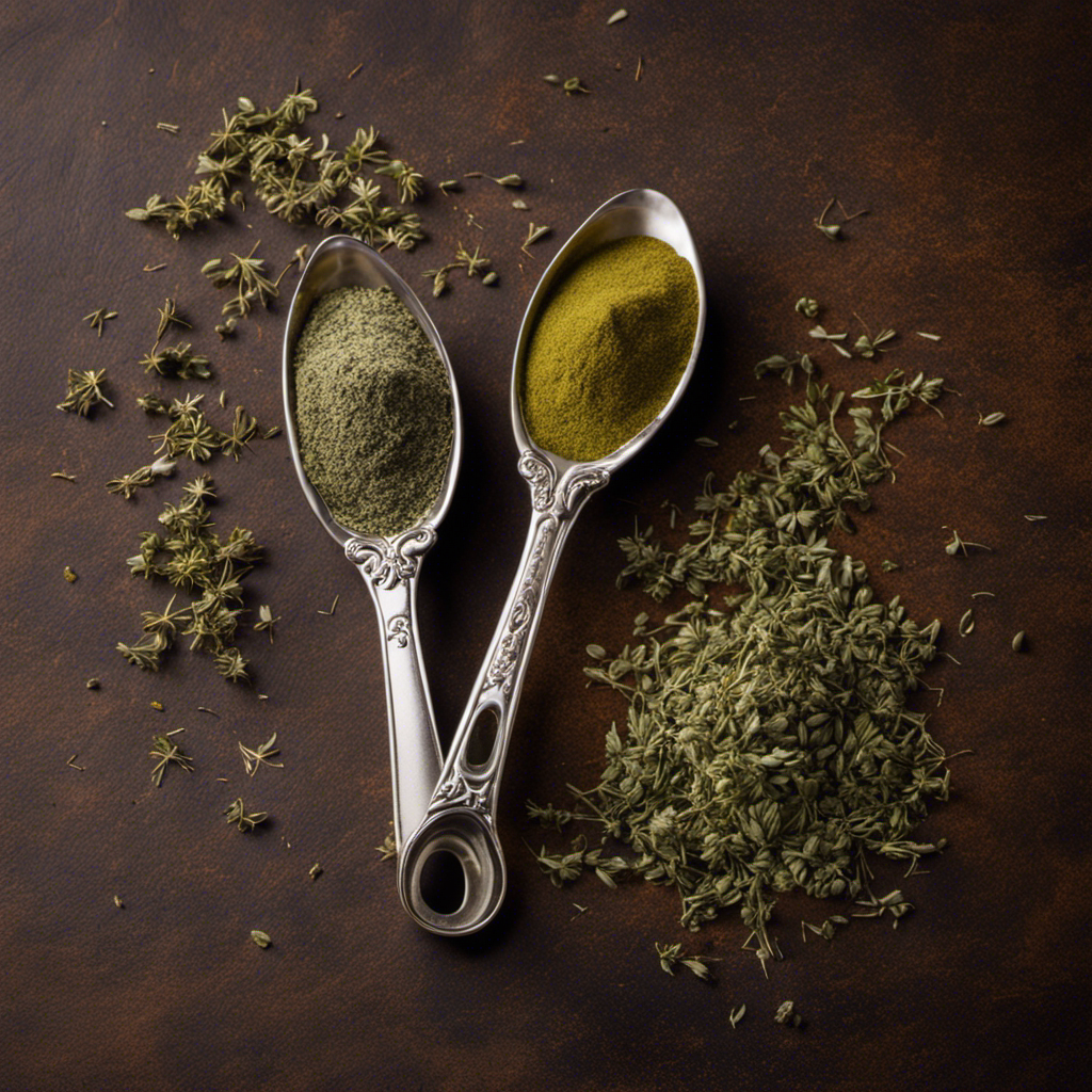An image showcasing two measuring spoons side by side, one filled with delicate dried thyme leaves, and the other filled with finely ground thyme powder