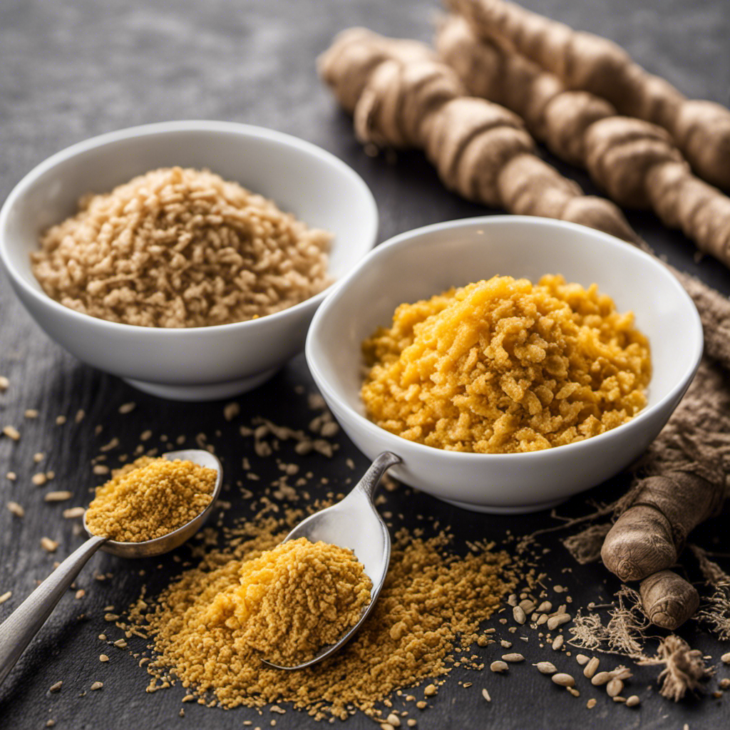 An image showcasing two delicate teaspoons, one filled with freshly grated ginger, the other with a precise amount of ground ginger