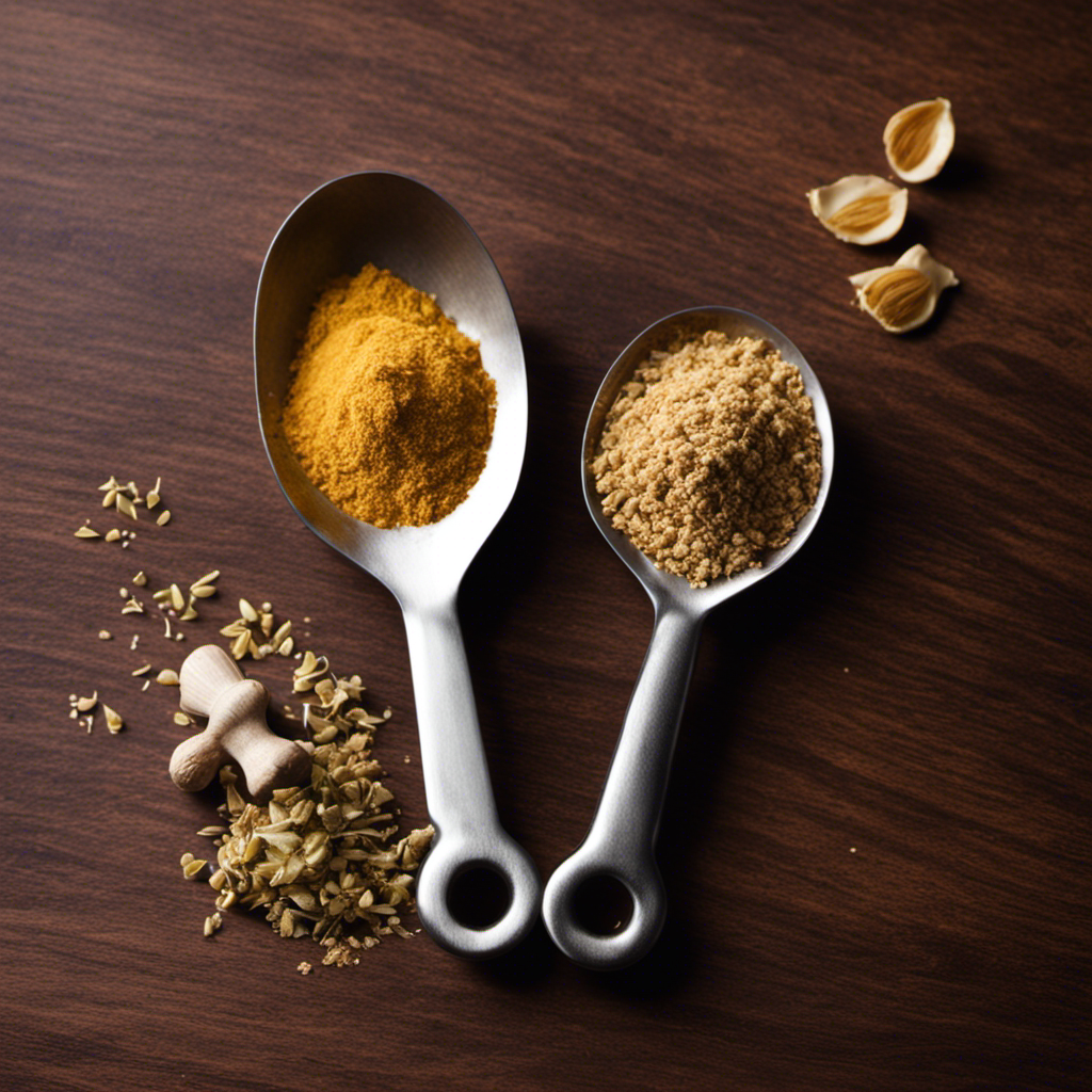 An image showcasing two measuring spoons side by side; one filled with finely chopped fresh ginger, and the other with ground dry ginger