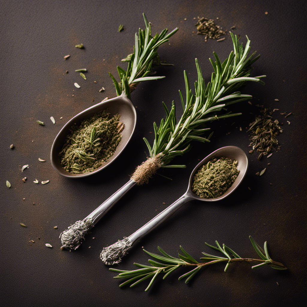 An image showcasing two delicate teaspoons of fragrant, vibrant green fresh rosemary juxtaposed against an equal measure of crumbled, earth-toned dried rosemary, beautifully illustrating the conversion between the two forms