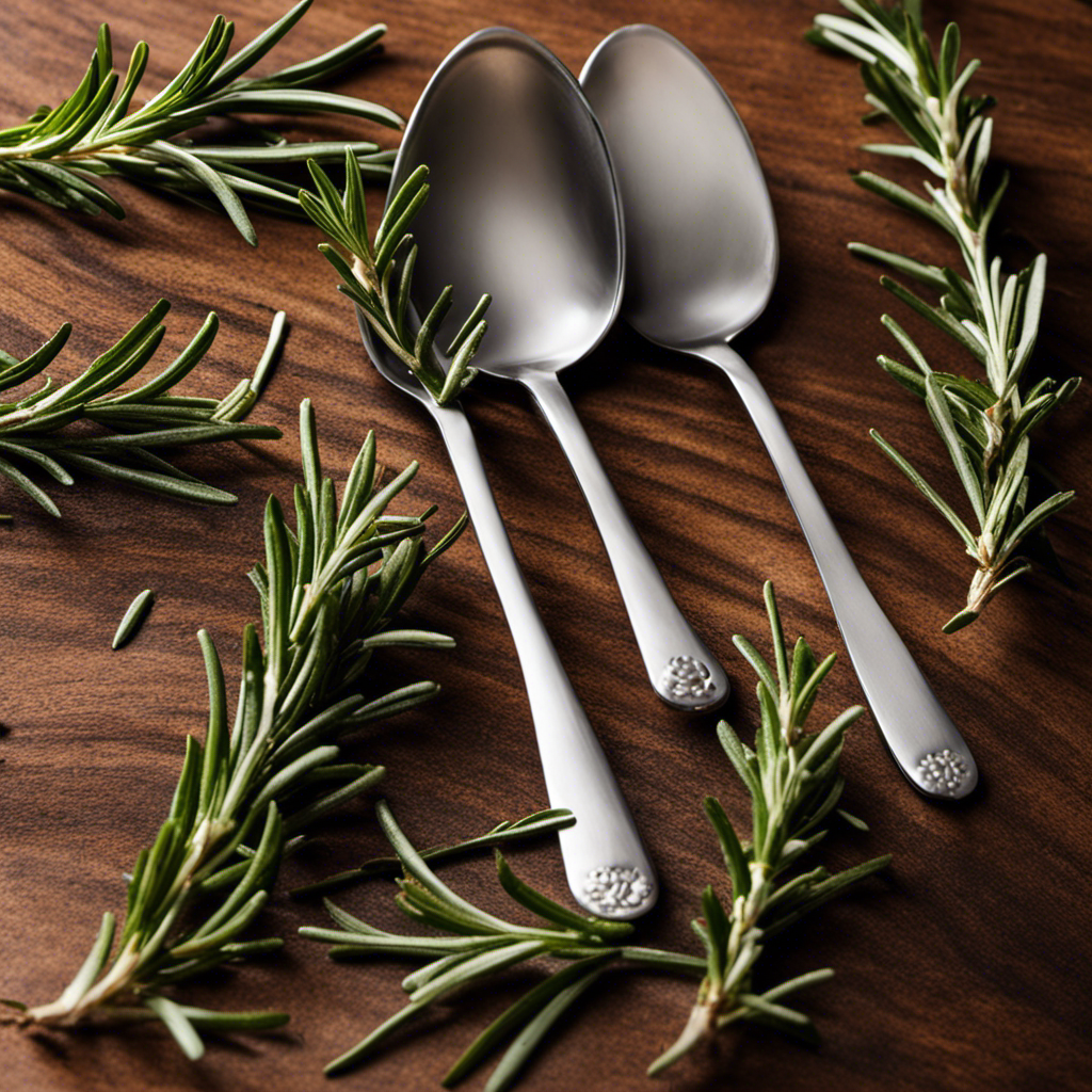 An image that juxtaposes two identical teaspoons, one filled to the brim with vibrant fresh rosemary leaves, the other containing a precise amount of crushed dried rosemary, echoing the conversion ratio between the two