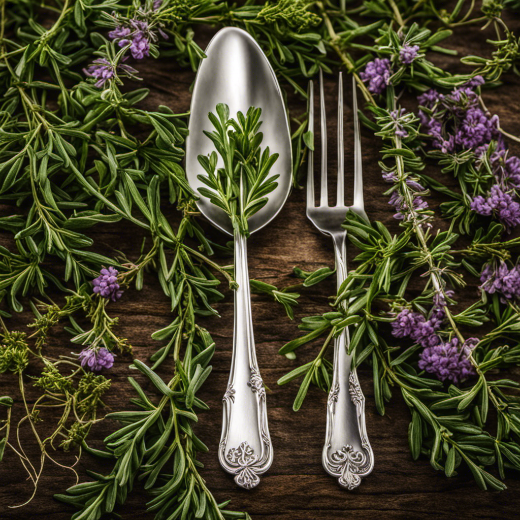 An image showcasing two elegant silver teaspoons delicately holding a vibrant bunch of freshly picked thyme leaves
