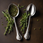 An image of two delicate teaspoons, one filled with vibrant green fresh thyme leaves, the other with an equivalent quantity of dried thyme, showcasing the transformation from plump and verdant to shriveled and fragrant
