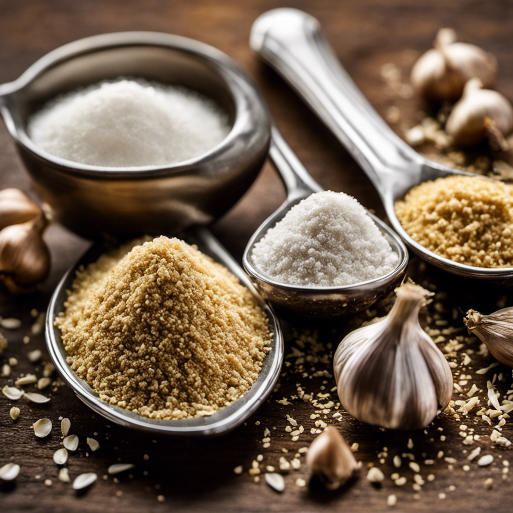 An image showcasing a close-up of a silver teaspoon filled with finely ground garlic powder, juxtaposed against an identical teaspoon brimming with garlic salt, highlighting the subtle color and texture differences between the two seasonings