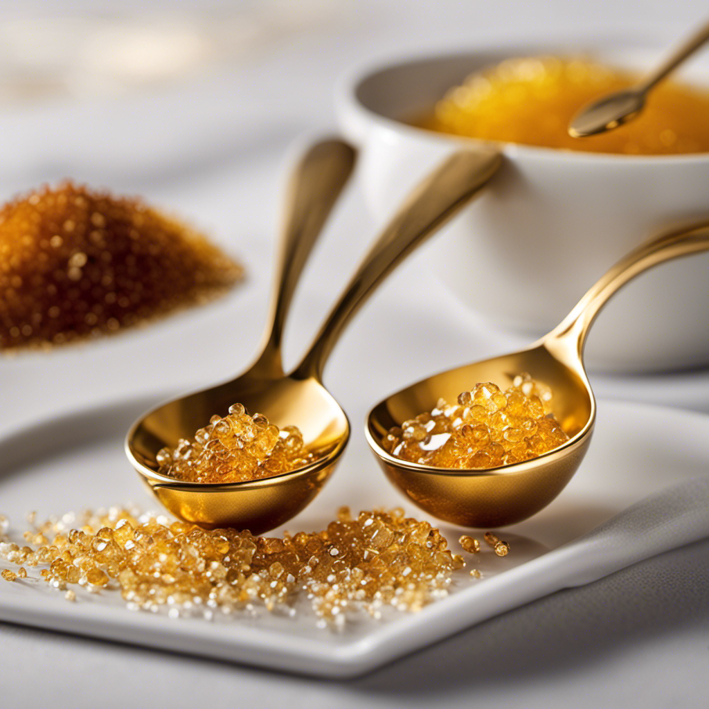 An image showcasing two elegant teaspoons, one filled with golden honey, the other with delicate erythritol crystals, visually depicting the comparison between the two sweeteners