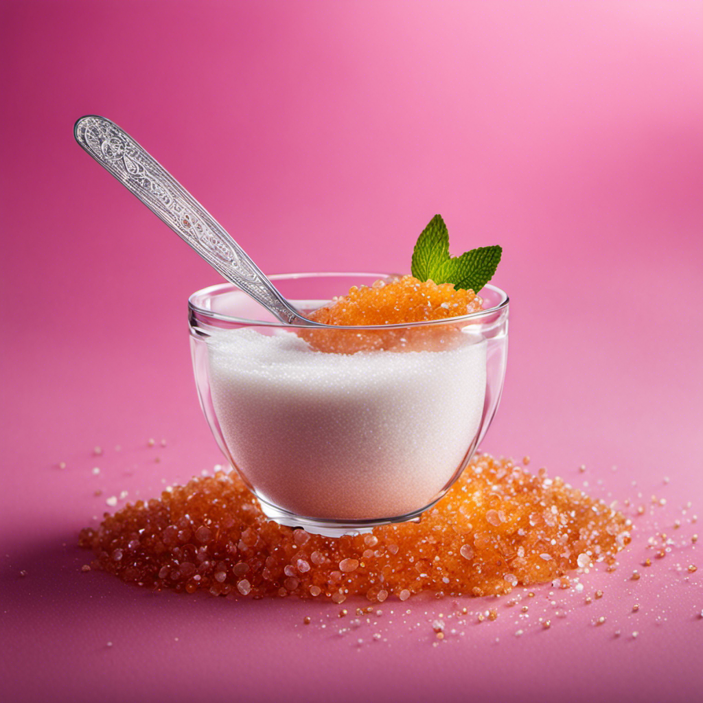 An image showcasing two teaspoons of Truvia poured into a transparent measuring cup, with a vibrant background of sugar crystals