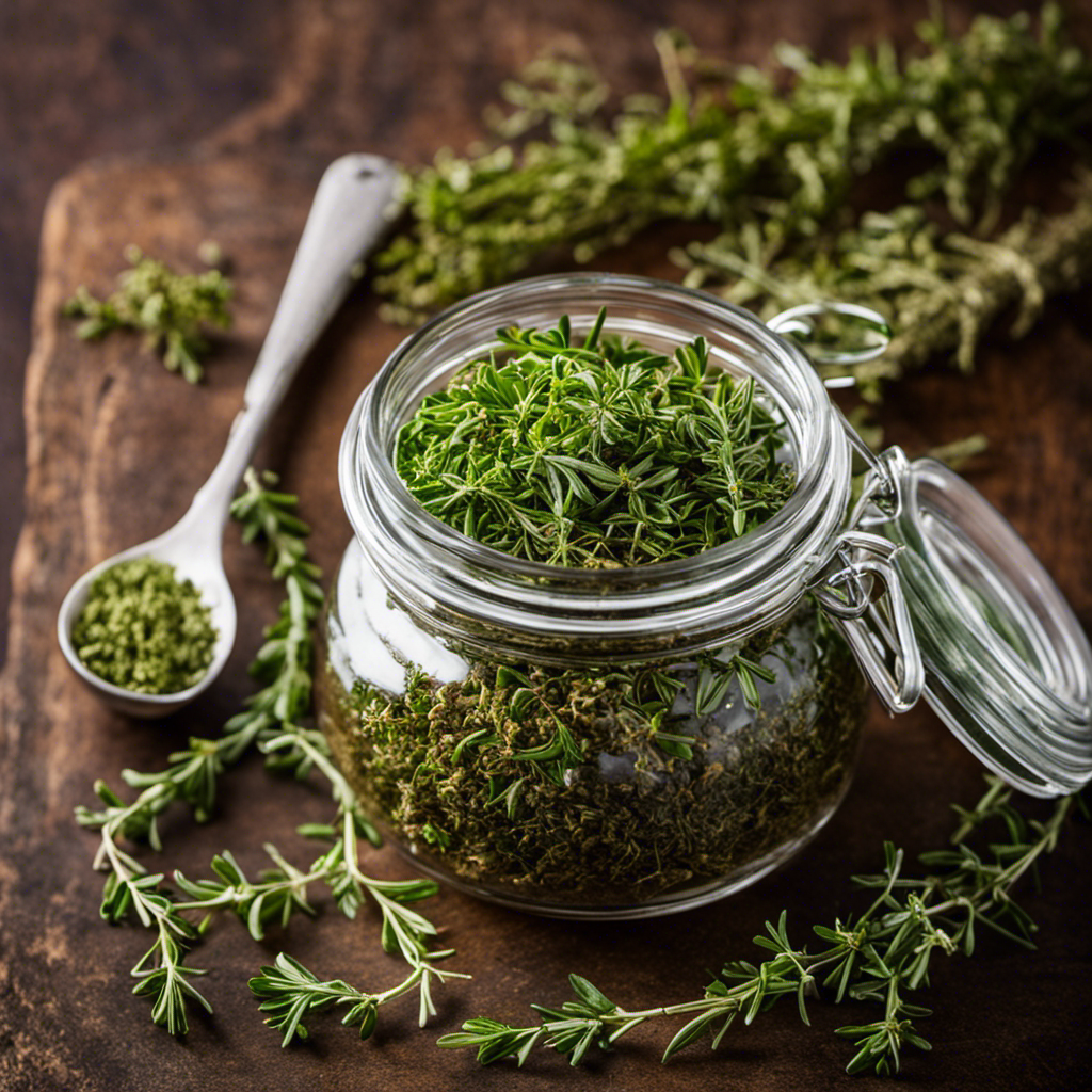 An image showcasing a clear glass jar filled with vibrant green, fragrant fresh thyme sprigs beside a small bowl brimming with dried thyme