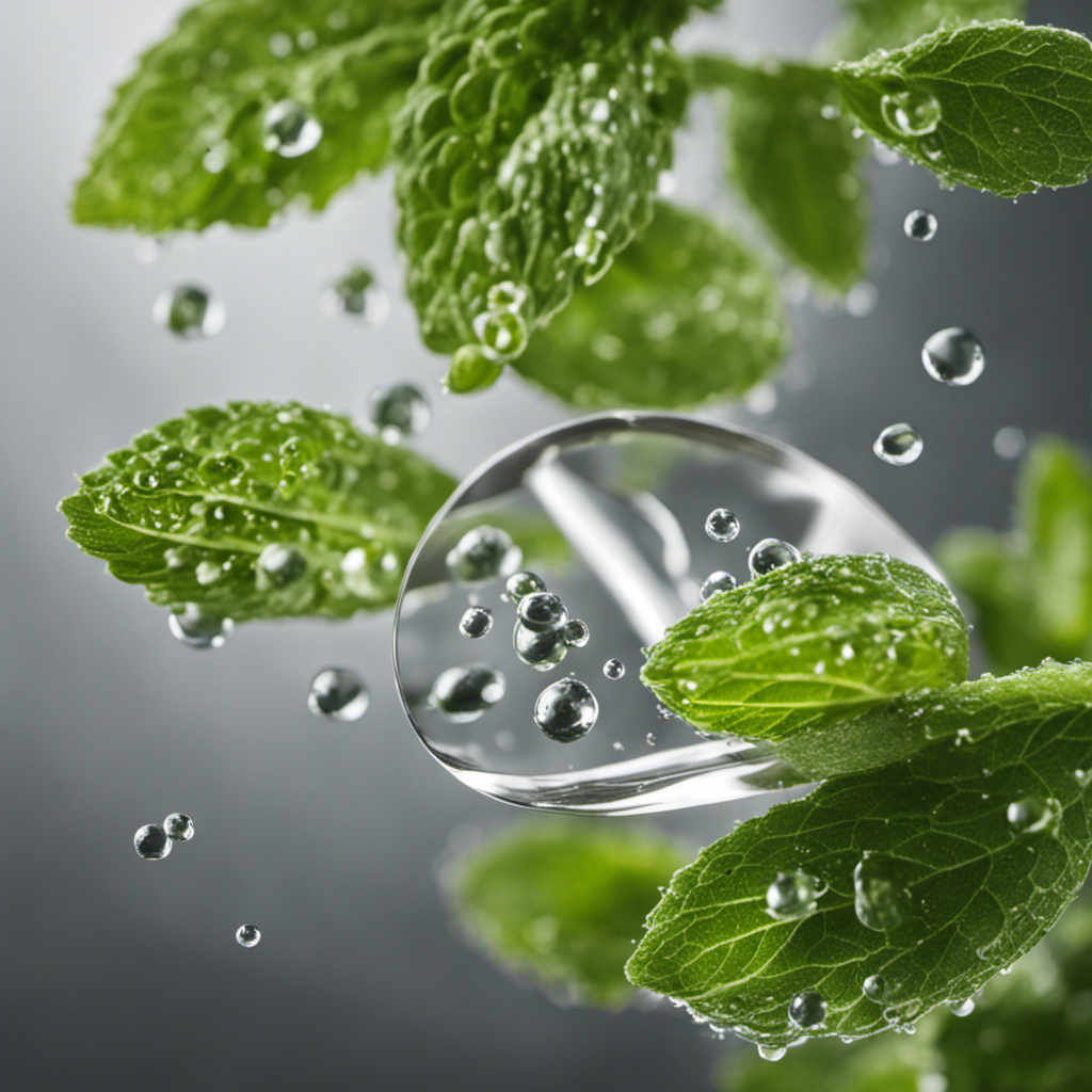 An image showcasing 20 clear, distinct droplets of stevia hovering above a teaspoon