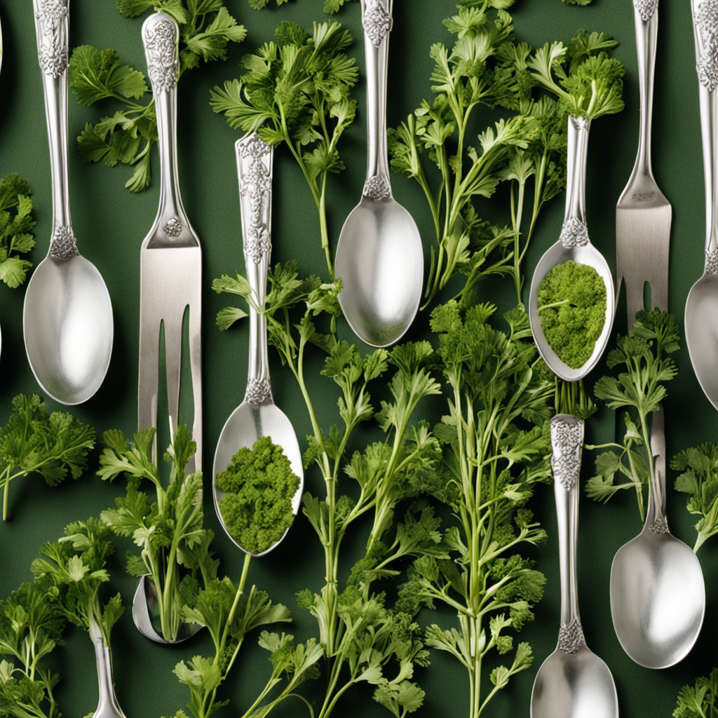 An image showcasing 24 delicate silver teaspoons, each lovingly filled with vibrant green dry parsley, beautifully arranged in a precise pattern that represents the exact measurement of how much parsley they collectively hold