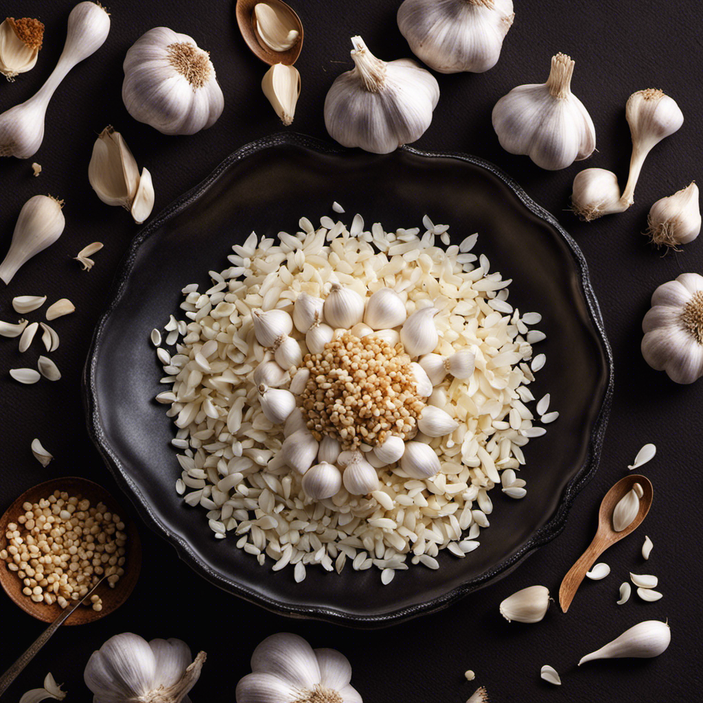 An image showcasing three cloves of garlic, meticulously minced into fine pieces, neatly arranged beside a teaspoon