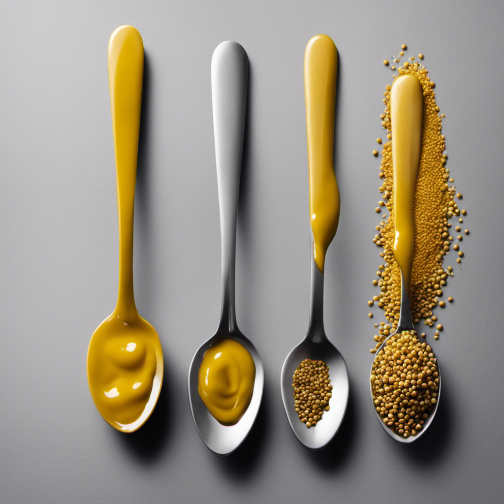 An image showcasing three neatly stacked teaspoons filled with dry mustard, gradually being transformed into a single teaspoon of wet mustard, with water droplets cascading down its sides