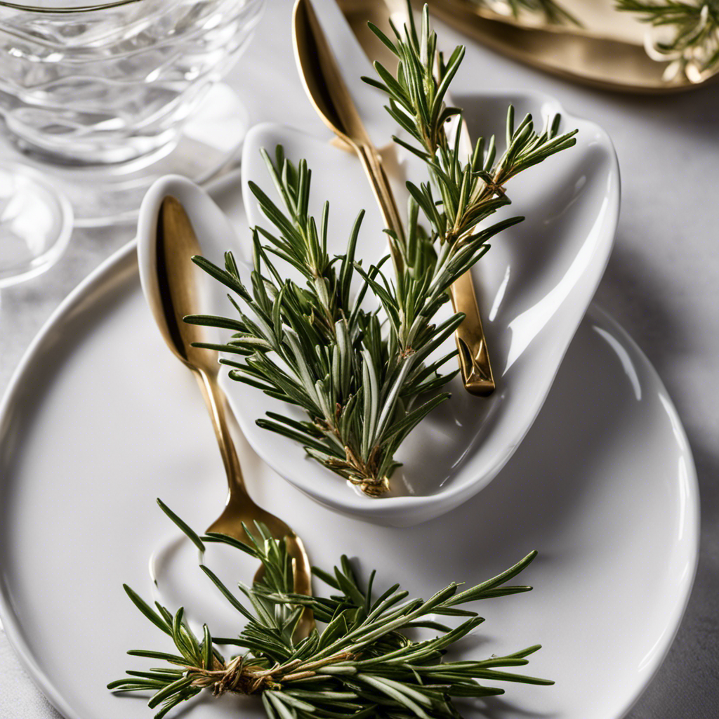 An image showcasing three delicate teaspoons filled with fragrant, vibrant fresh rosemary, juxtaposed against a single teaspoon filled with dried rosemary, perfectly illustrating the equivalent measurements in an elegant and captivating way