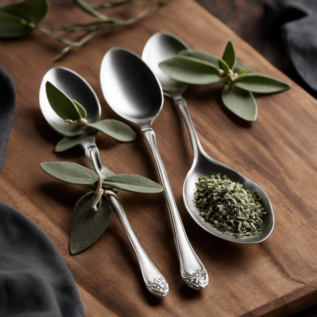 An image showcasing three delicate silver teaspoons filled with vibrant, freshly plucked sage leaves