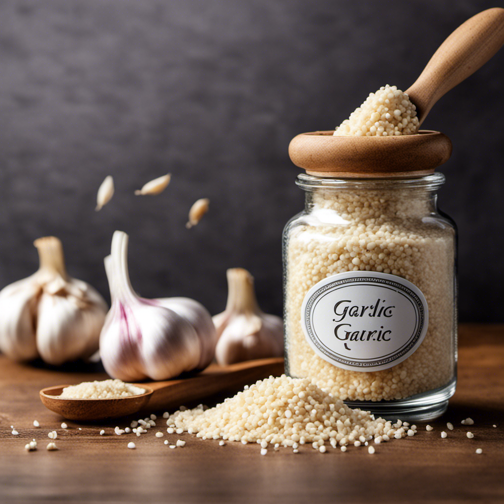 An image showcasing three porcelain teaspoons filled with freshly minced garlic, juxtaposed against a small transparent glass jar overflowing with fine, fragrant garlic powder