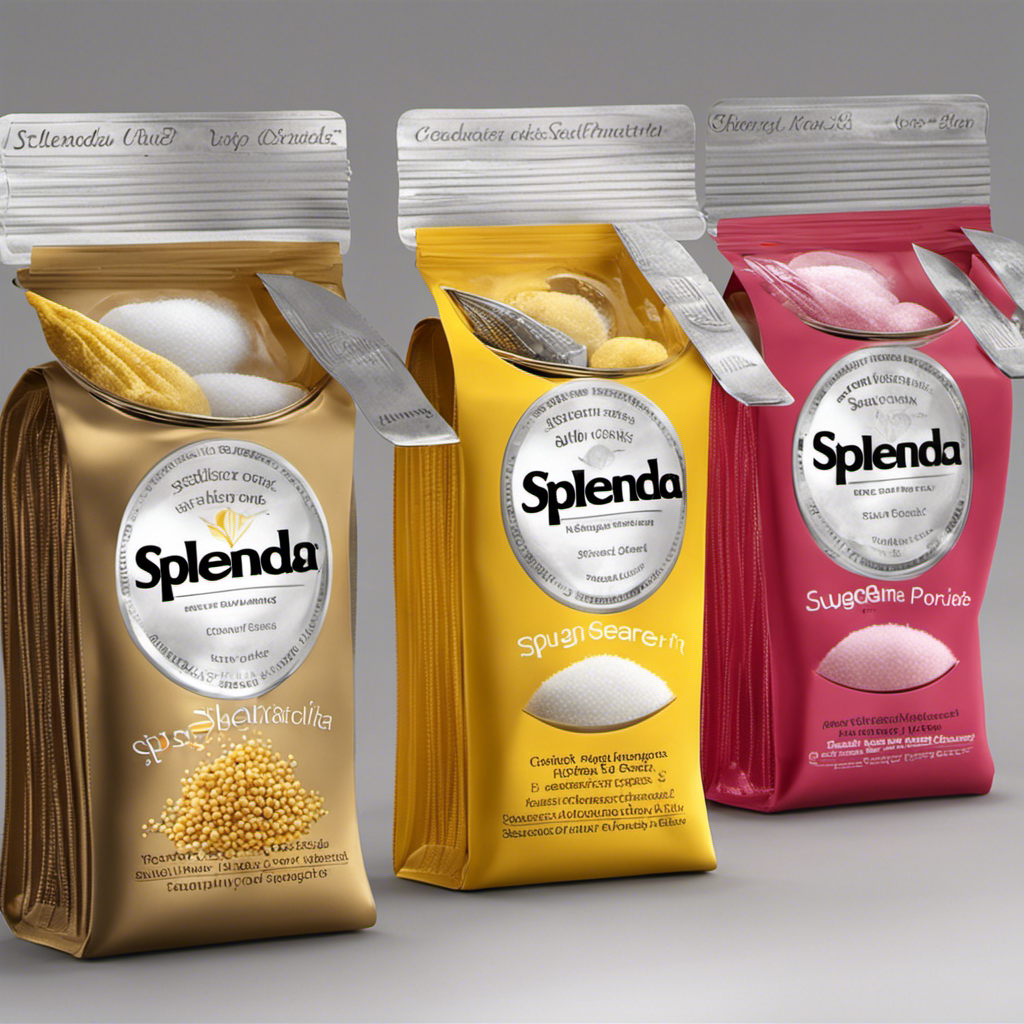An image featuring three identical teaspoons filled with sugar, each next to a labeled Splenda packet
