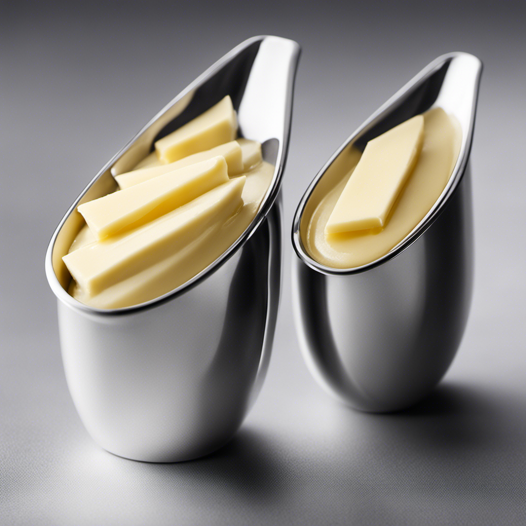 An image showcasing three identical, perfectly measured teaspoons filled with smooth, creamy shortening, juxtaposed against a single stick of butter, visibly sliced into three equal portions