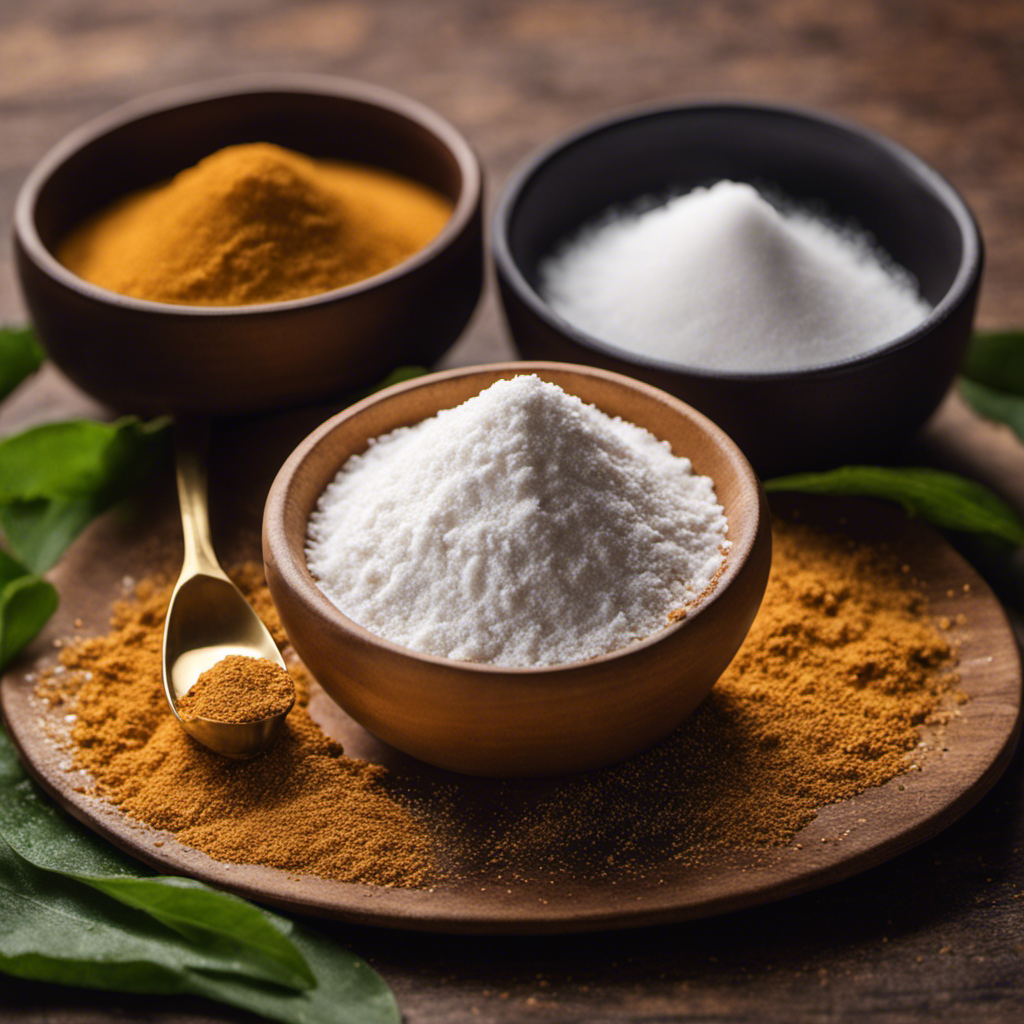 An image showcasing three delicate teaspoons filled to the brim with powdered Stevia, gently pouring over a vibrant heap of golden coconut sugar, contrasting their textures and colors