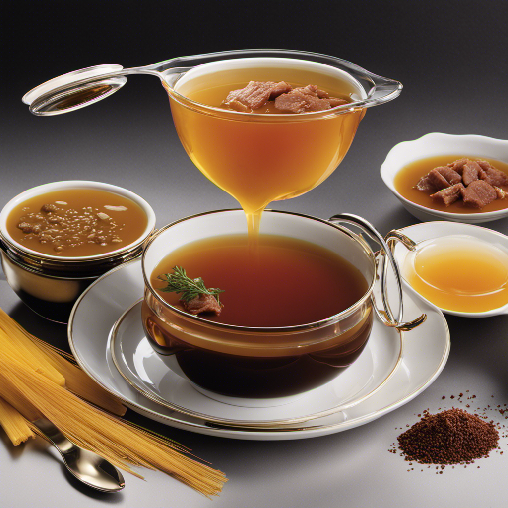 An image showcasing four shiny teaspoons filled to the brim with rich, brown beef bouillon, gradually dissolving into a simmering pot of fragrant beef broth, beautifully conveying the conversion from bouillon to broth