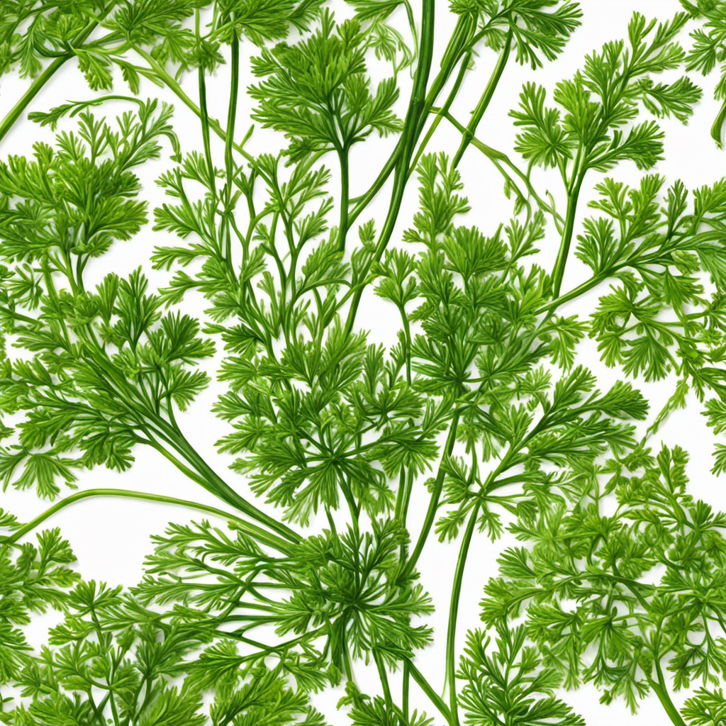An image showcasing four teaspoons of dill seeds elegantly transforming into a vibrant bunch of fresh dill leaves