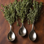 An image showcasing four delicate teaspoons filled to the brim with vibrant, fragrant fresh thyme leaves