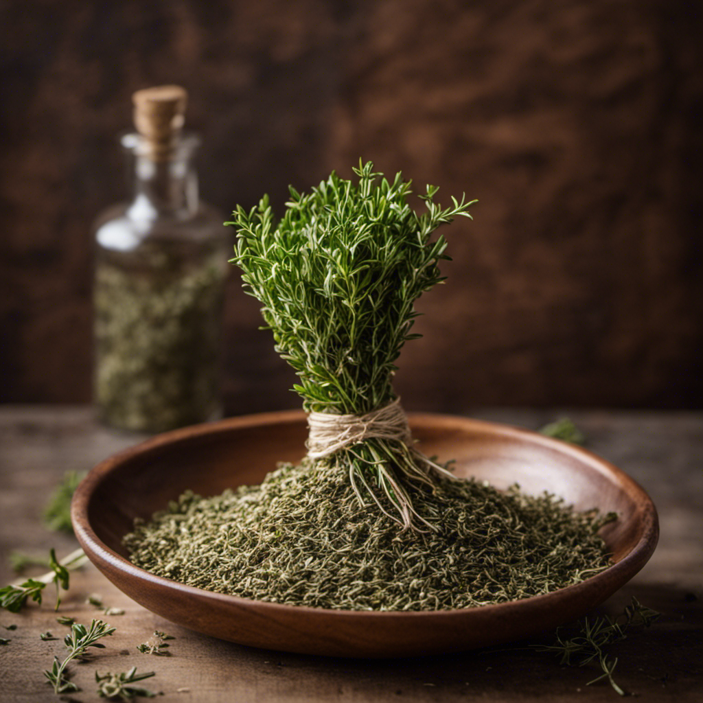 An image showcasing a delicate sprig of fresh thyme, gently plucked and next to it, a small pile of dried thyme, perfectly measured to demonstrate the equivalent of 4 teaspoons of fresh leaves