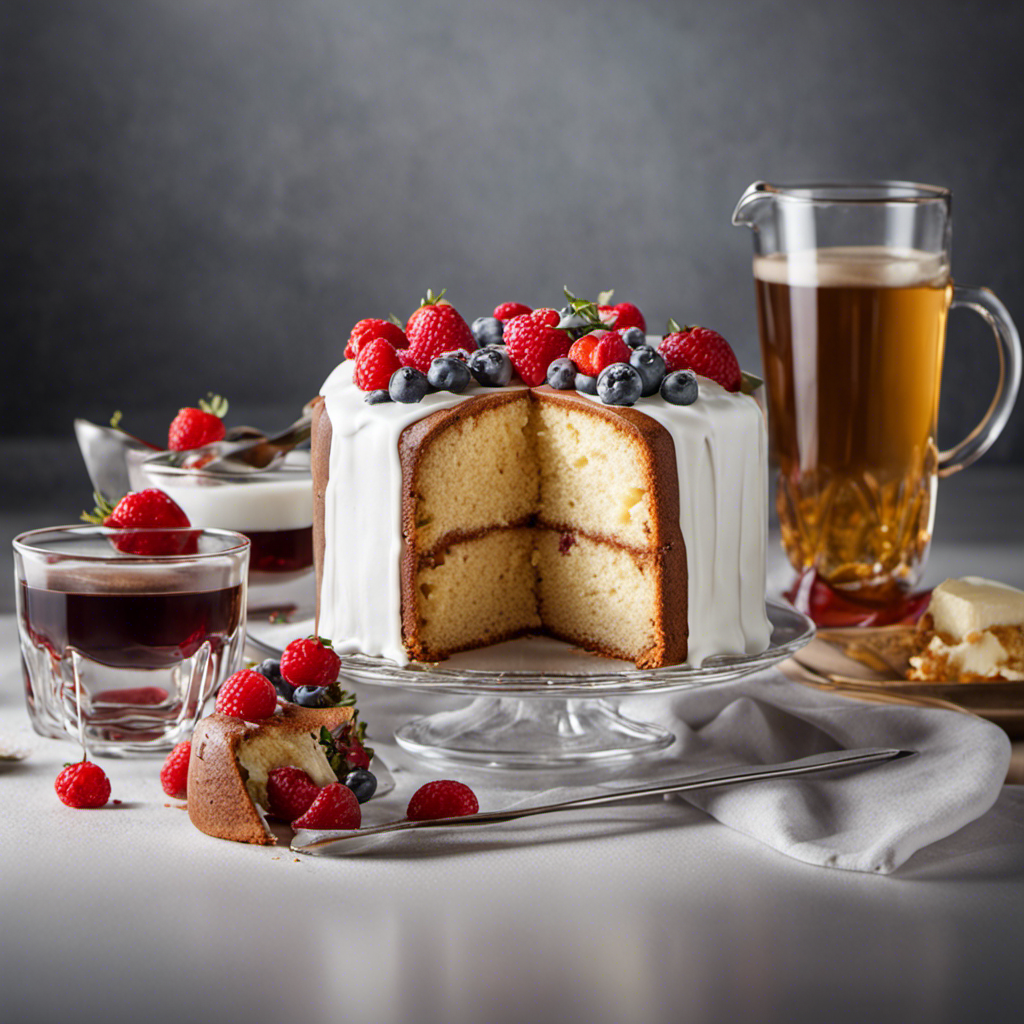 An image showcasing a glass measuring cup filled with 4 teaspoons of alcohol, next to a freshly baked cake