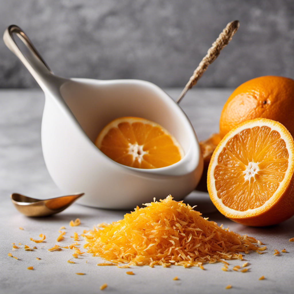 An image showcasing 4 teaspoons of vibrant, freshly grated orange peel beside a measuring cup brimming with finely ground, fragrant dried orange peel