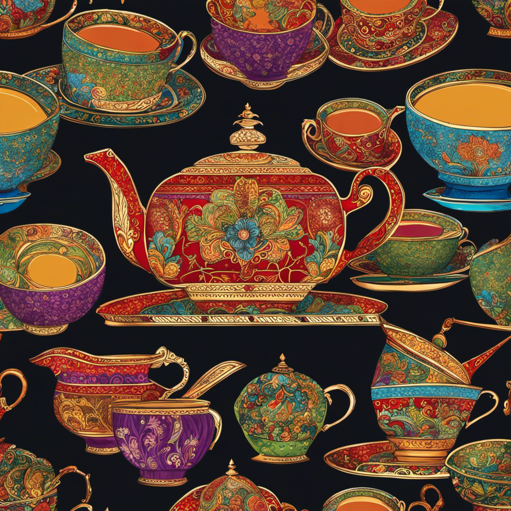 An image showcasing a tea set with 5 delicate cups filled with various teas, each cup accompanied by a stack of 4 teaspoons
