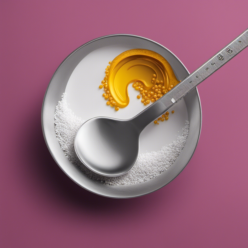An image showcasing a measuring spoon filled with precisely 5 grams of a substance, being poured into a teaspoon