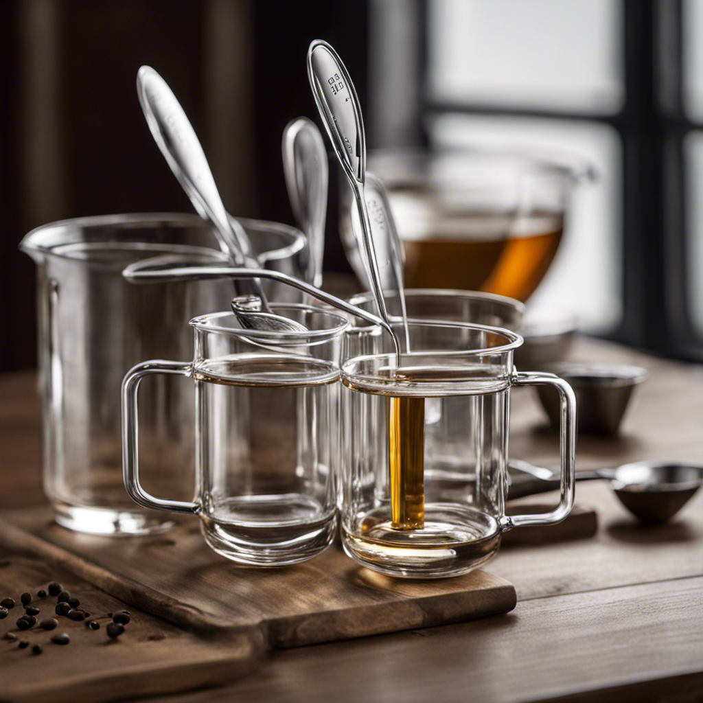 An image showcasing a clear glass measuring cup filled with precisely measured 5 milliliters of liquid, next to a neat row of delicate, stainless steel teaspoons, emphasizing the conversion between the two measurements
