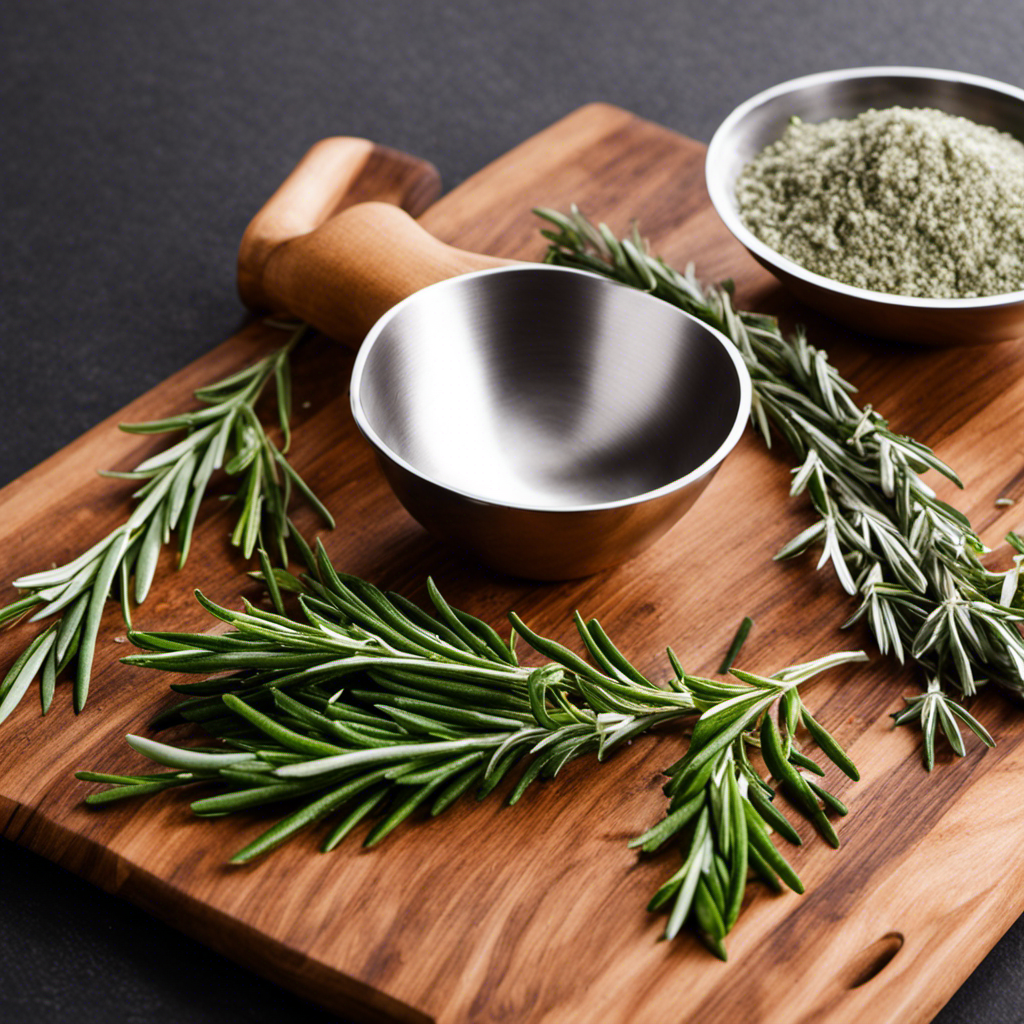 An image of a wooden cutting board with 5 delicate, shiny silver teaspoons filled with freshly chopped rosemary