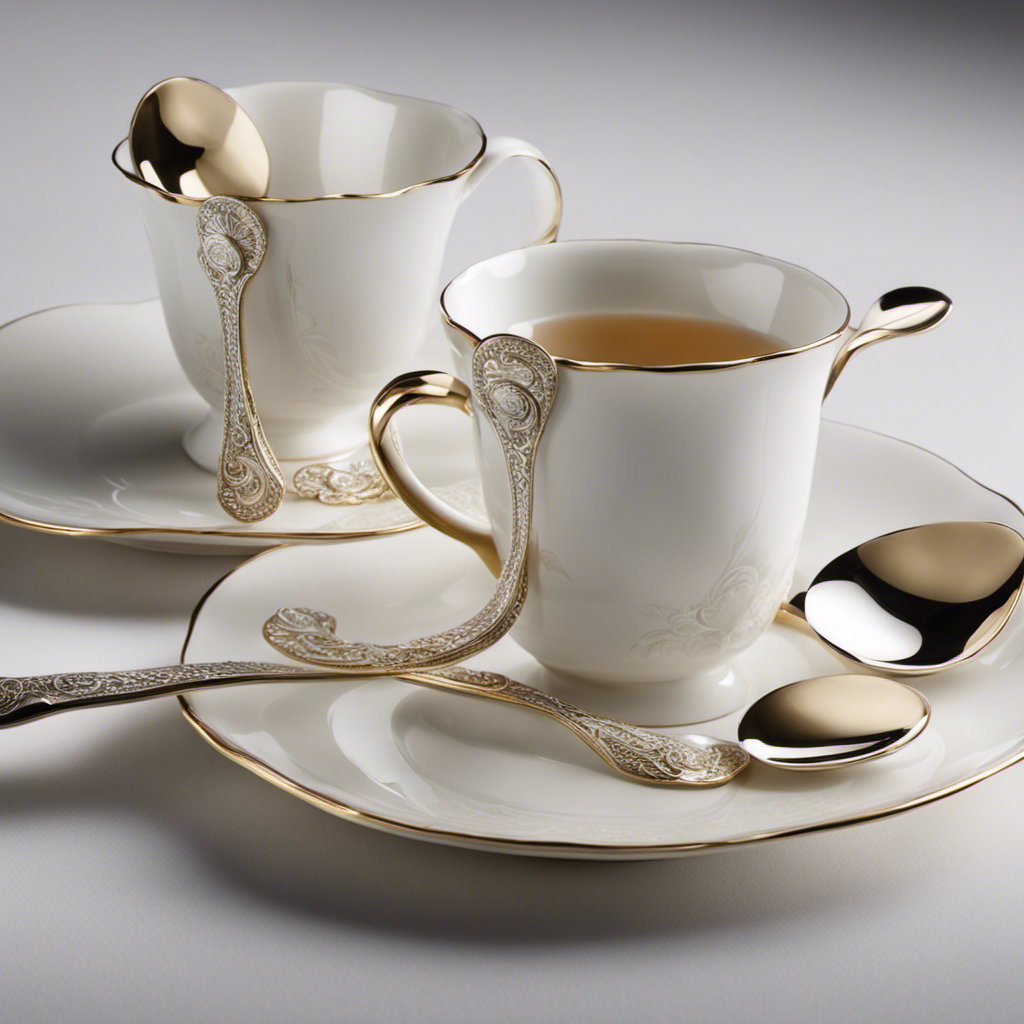 An image depicting five delicate teaspoons, gracefully arranged beside a charming porcelain cup