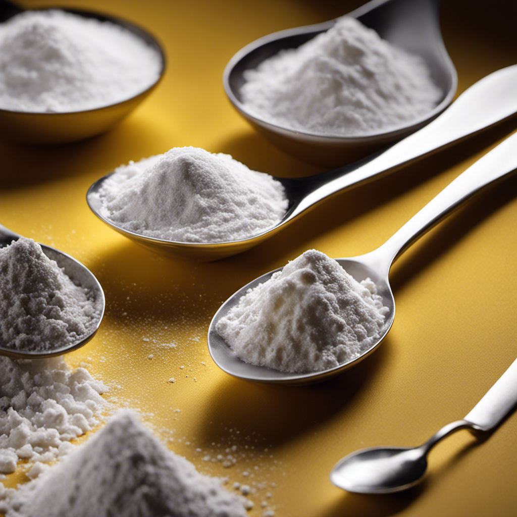 An image showcasing the visual contrast between five elegant, silver teaspoons filled with fluffy white baking powder against a single teaspoon filled with vibrant yellow baking soda, highlighting their respective quantities