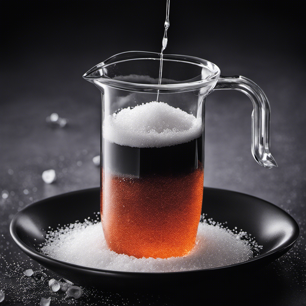 An image showcasing five teaspoons of salt being poured into a measuring cup, with the cup filled to the brim with sodium chloride crystals