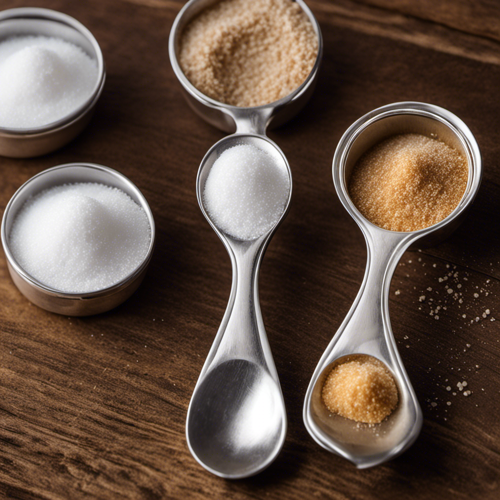 An image showcasing two measuring spoons filled with granulated sugar, one labeled "50 grams" and the other with an accurate conversion of teaspoons