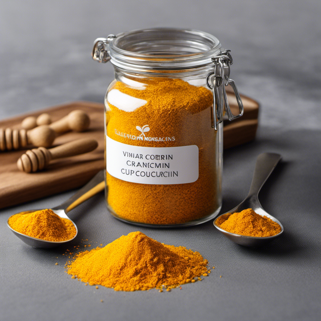 An image showcasing a clear glass jar filled with vibrant yellow curcumin granules, alongside a set of measuring spoons