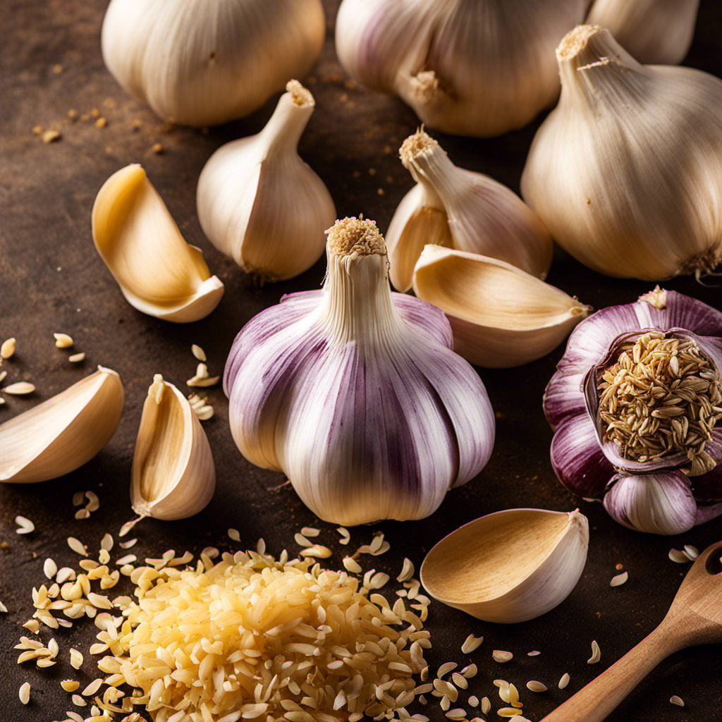 An image showcasing six plump cloves of garlic, each precisely minced into fine particles